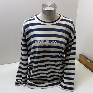 Vintage 90s Guess Navy and Cream Striped Long Sleeve Tee